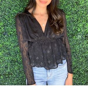 Local Boutique Find! Black Sheer V-Neck Peplum Blouse - Women
